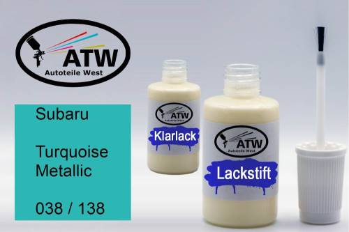 Subaru, Turquoise Metallic, 038 / 138: 20ml Lackstift + 20ml Klarlack - Set, von ATW Autoteile West.